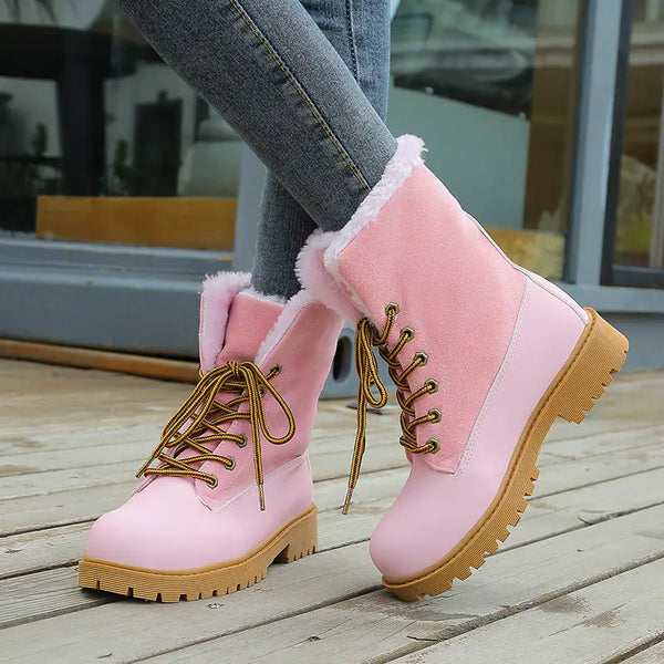 Women's Winter Ankle Boots - Round Toe Lace-Up Design