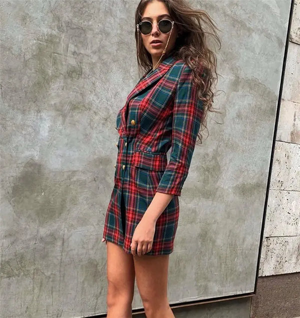 Women's Plaid Suit Dress with Long Sleeves