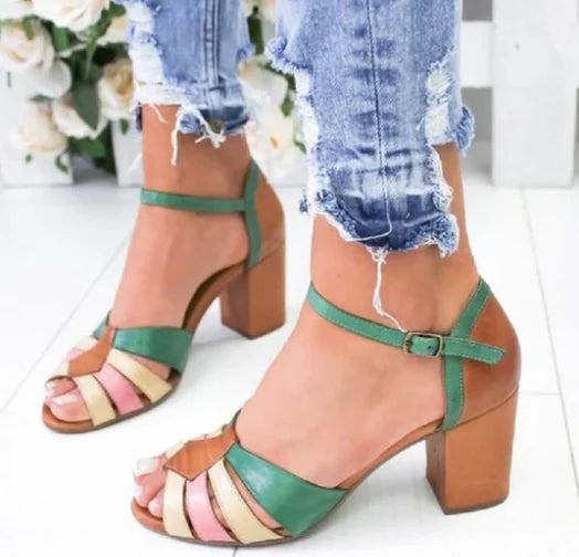 Color Block Buckle Women's Block Heel Sandals