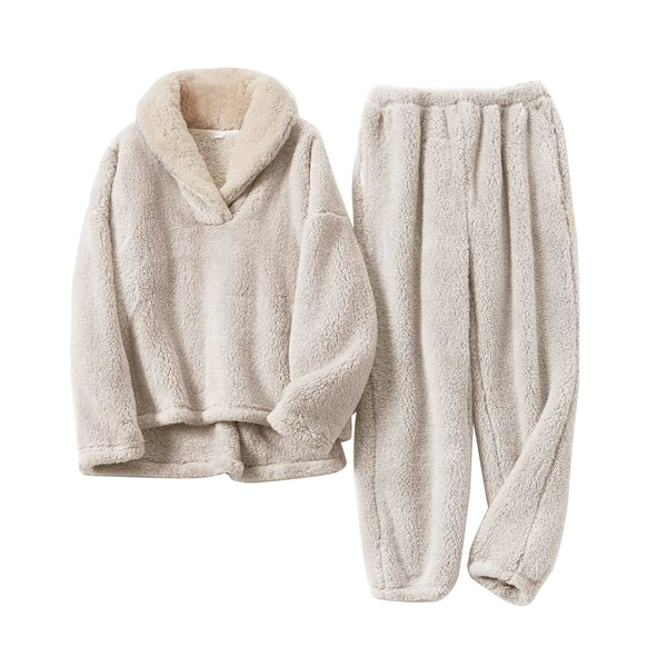 Flygo Women Fuzzy Warm Fleece Pajamas Sets Winter Flannel Sleepwear Fluffy Pajama Pullover Top Lounge Pants Set(Beige-L)