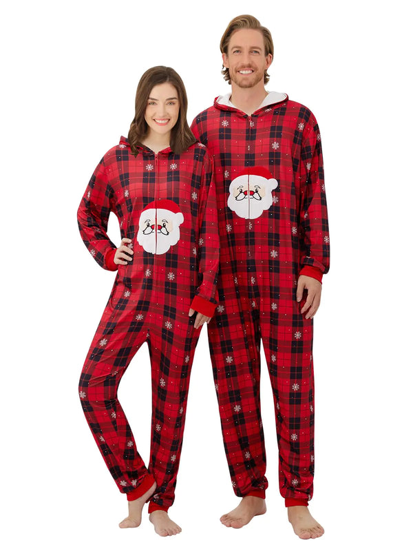 Christmas Matching Pajamas for Couples Men Women Stripe Plaid Hooded One Piece Pjs Elk Santa Full Zipper Loungewear