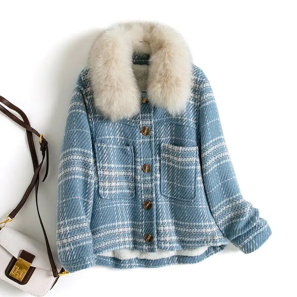 Women's Plaid Tweed and Velvet Thick Jacket