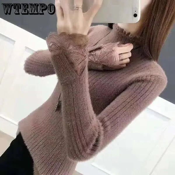 Y2K Women's Knitted Wool Sweater with Standing Collar