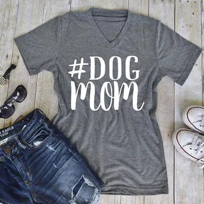 V-Neck Short Sleeve Women's T-Shirt - DOG MOM Print