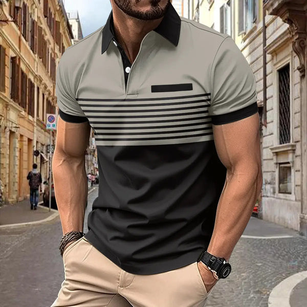 Men's Casual Polo Shirt with Pocket and Striped Design