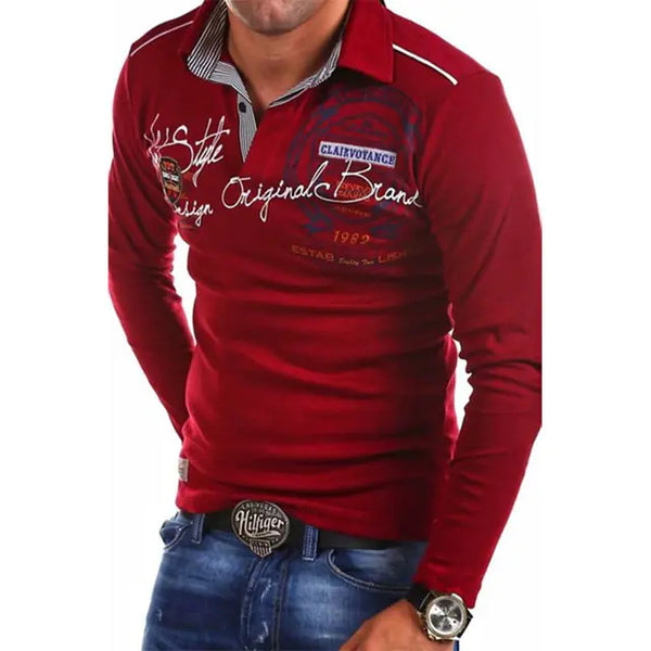 Men's Long Sleeve Polo Shirt with Printed Lapel Design