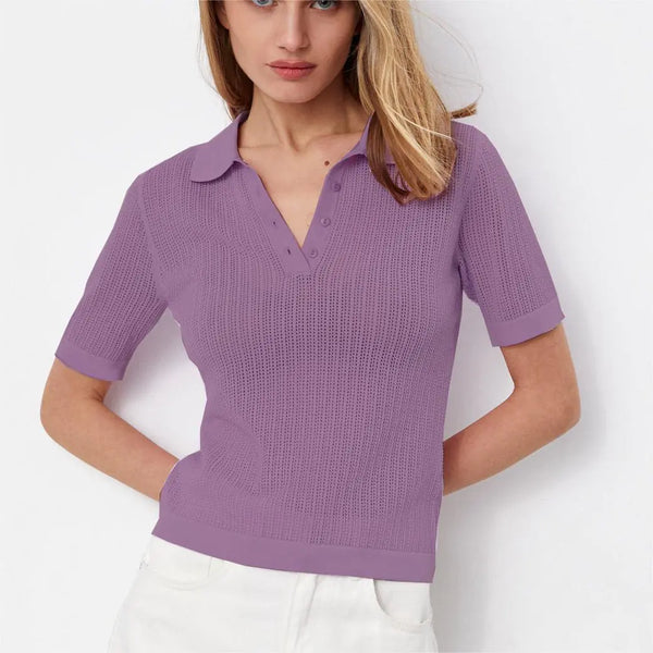 Elegant Purple Short Sleeve Knitted Polo T-Shirt for Women