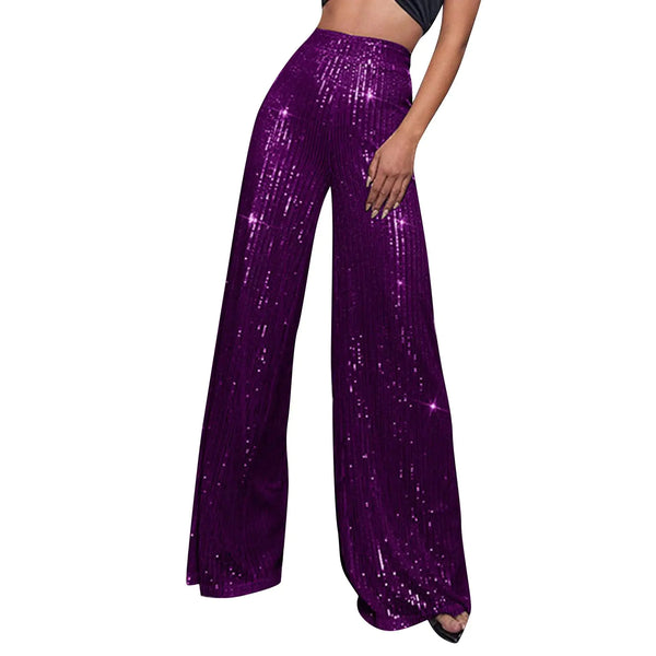 Generic Womens Casual Pants Sparkly Sequin Wide Leg Pant Loose High Waisted Shiny Party Clubwear Bling Glitter Trousers Elastic Tummy Control Lounge Straight Leg Pant(A-PurpleX-Large)