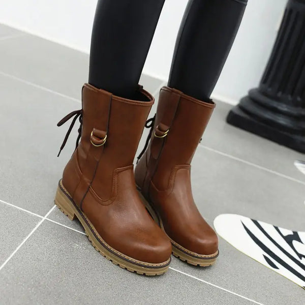 Lace-up Round Toe Low Heel Square Boots