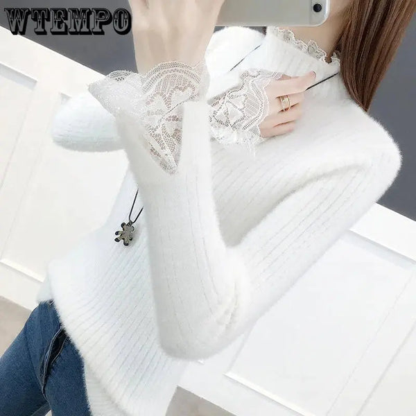 Y2K Women's Knitted Wool Sweater with Standing Collar