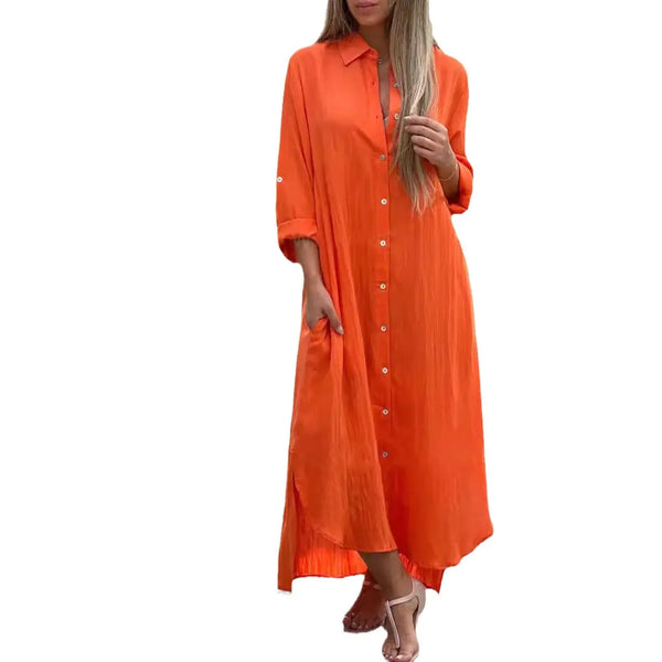 Deep V Cotton-Linen Dress, Long Sleeve Split Maxi Dress