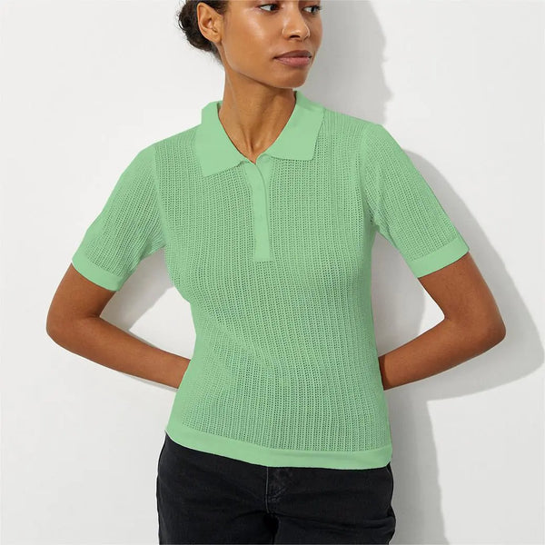 Elegant Purple Short Sleeve Knitted Polo T-Shirt for Women