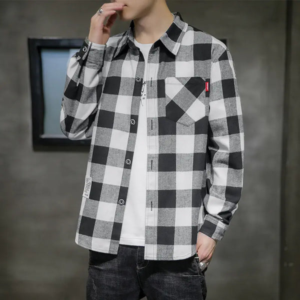 Korean Style Long Sleeve Plaid Shirt for Men