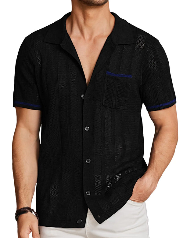 COOFANDY Mens Vintage Polo Shirts Short Sleeve Casual Beach Button Down Shirts Summer Lightweight Black