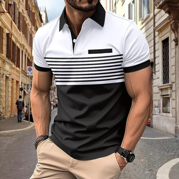 Men's Casual Polo Shirt with Pocket and Striped Design