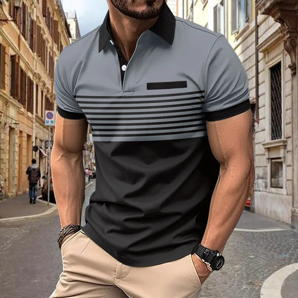 Men's Casual Polo Shirt with Pocket and Striped Design