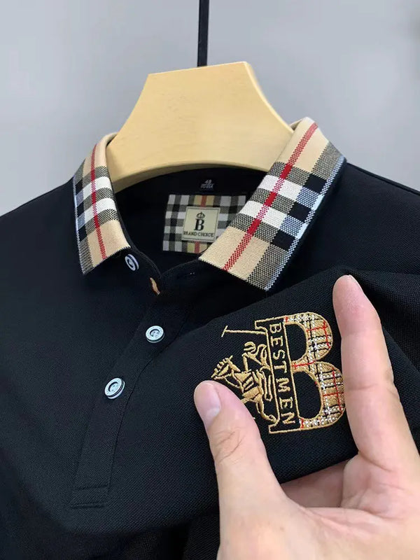 Men's Solid Color Long Sleeve Embroidered Polo Shirt