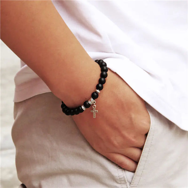 Black Agate and Volcanic Rock Beads Bracelet