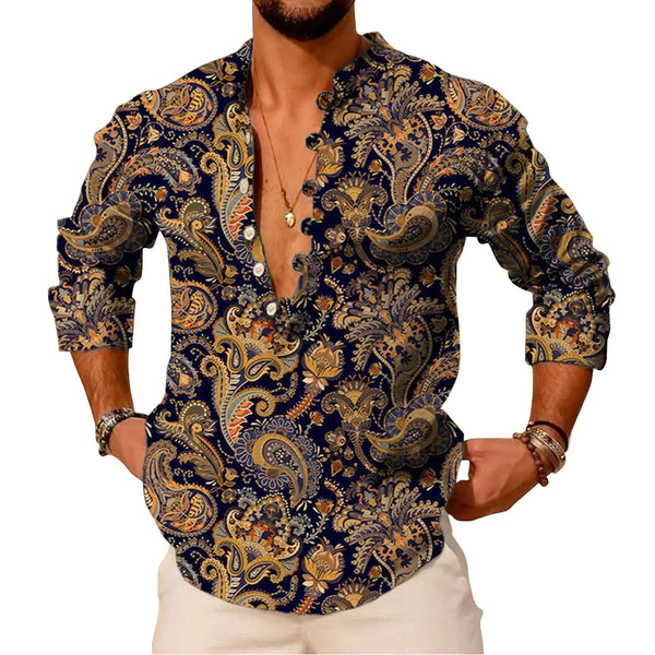 Black Paisley XL 2024 Fall Linen Shirts for Men Henley Long Sleeve Casual Banded Collar Button Vintage Beach Hawaiian T Shirt