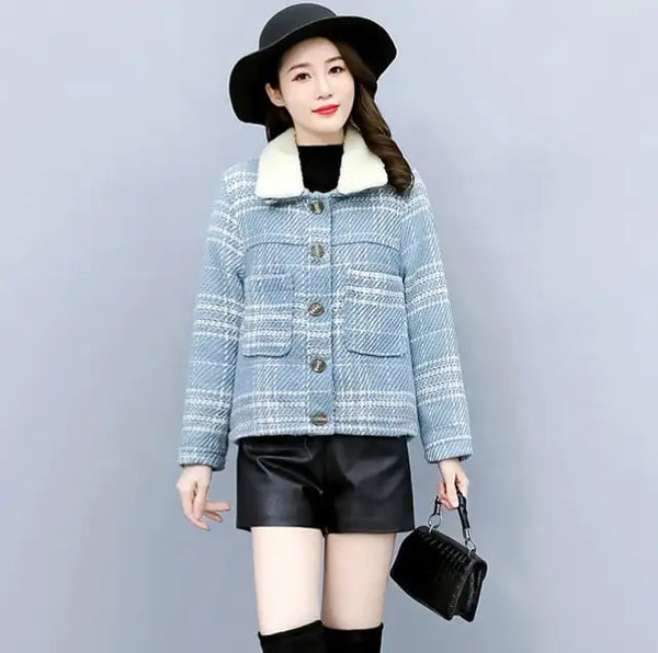 Women's Plaid Tweed and Velvet Thick Jacket