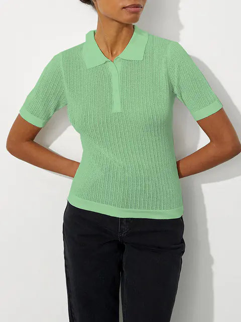 Elegant Purple Short Sleeve Knitted Polo T-Shirt for Women