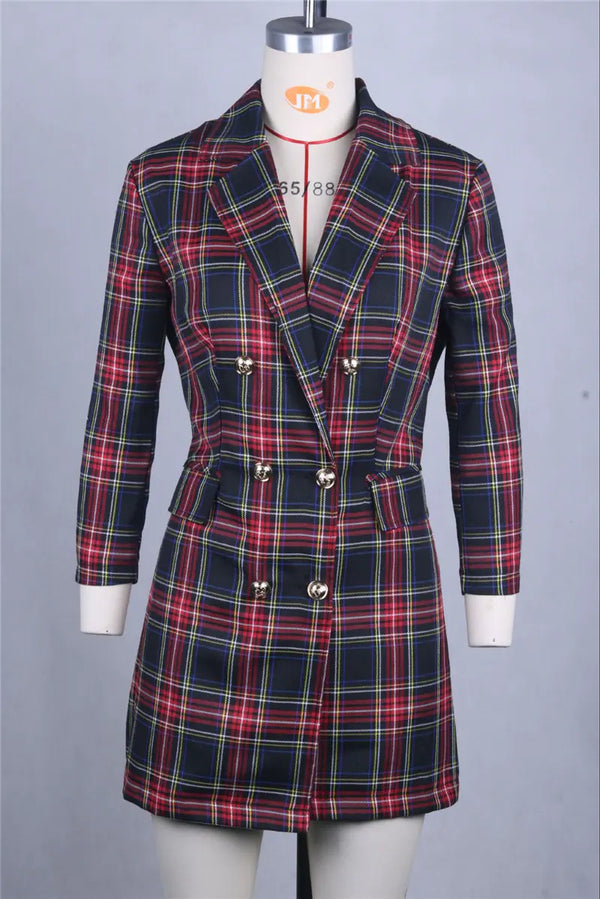 Women's Plaid Suit Dress with Long Sleeves
