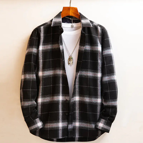 Japanese Casual Loose Plaid Long-sleeved Shirt for Men