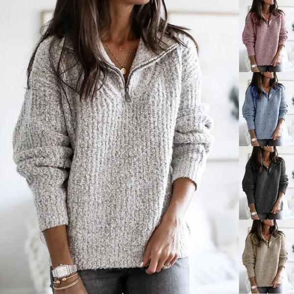 Women's Long Sleeve Knit Sweater with Zipper (2019)