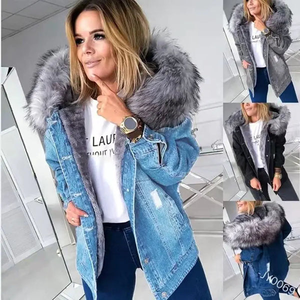 2023 Women's Thickened Denim Jacket with Fur Collar