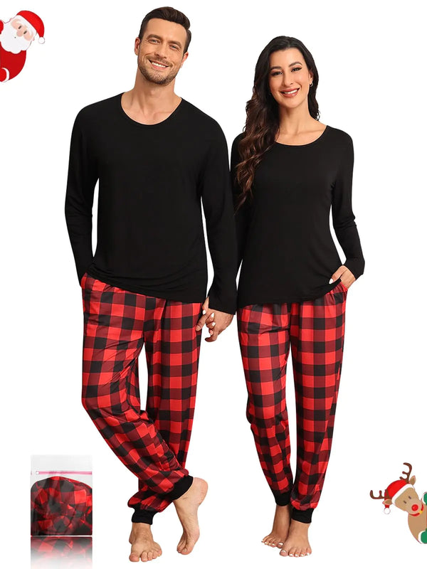 YOPUGEE Men Pajamas Set 2 Piece Pjs with Pocket Christmas Long Sleeve Winter Pajamas With Pockets Black & Red Plaid 2XL