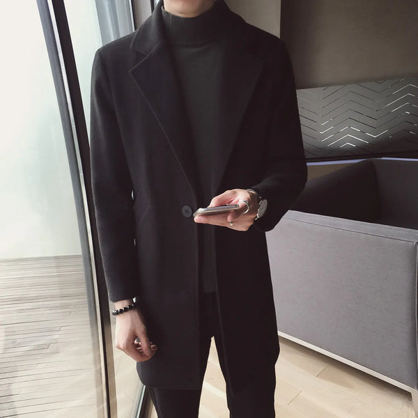 Mid-Length Woolen Coat for Men