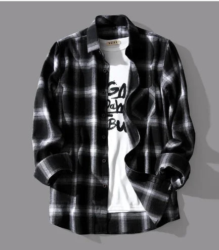 Japanese Casual Loose Plaid Long-sleeved Shirt for Men