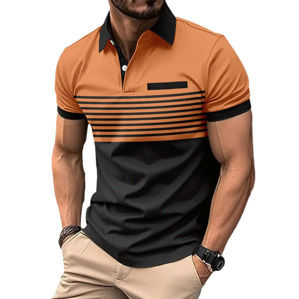 Men's Casual Polo Shirt with Pocket and Striped Design
