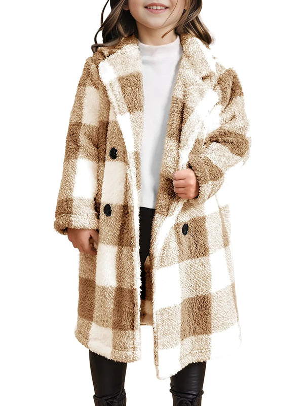 Meikulo Girls Plaid Fleece Jacket Kids Sherpa Long Winter Coats Lapel Fashion Outerwear 5-14 Years