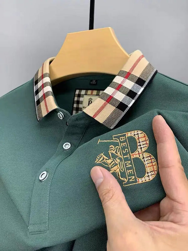 Men's Solid Color Long Sleeve Embroidered Polo Shirt