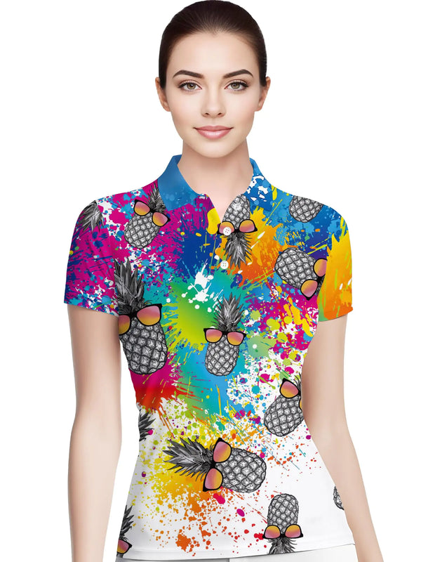 HIVICHI Womens Golf Shirt Funny Crazy Hawaiian Polo Shirts for Women Pineapple Shirts 3X-Large Aop-wpol-16241