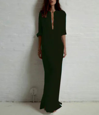 Deep V Cotton-Linen Dress, Long Sleeve Split Maxi Dress
