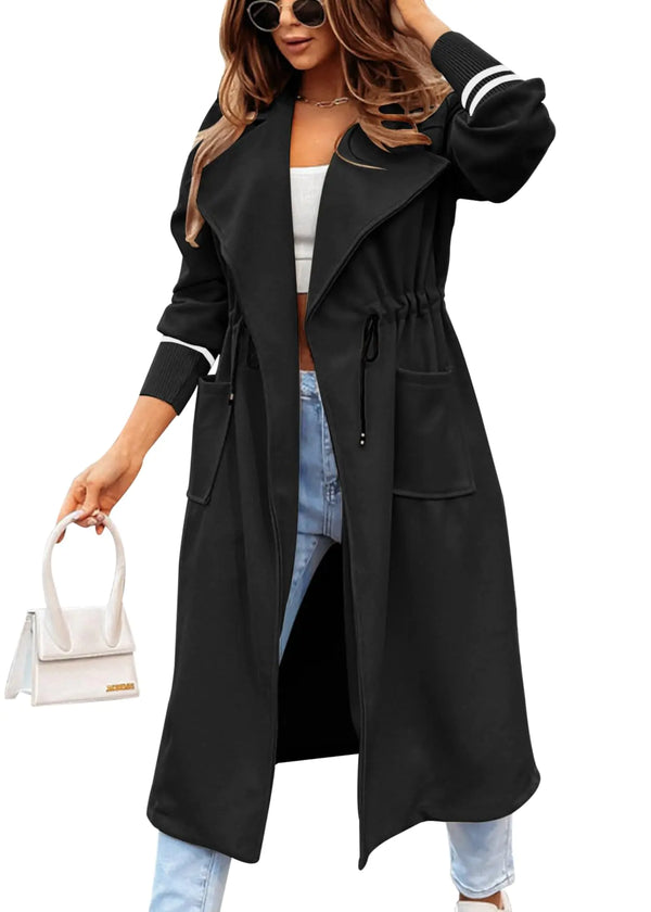 Fazortev Womens 2023 Winter Coats Open Front Long Jackets Lapel Drawstring Waist Trench Coat Outerwear With Pockets