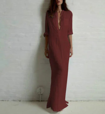 Deep V Cotton-Linen Dress, Long Sleeve Split Maxi Dress