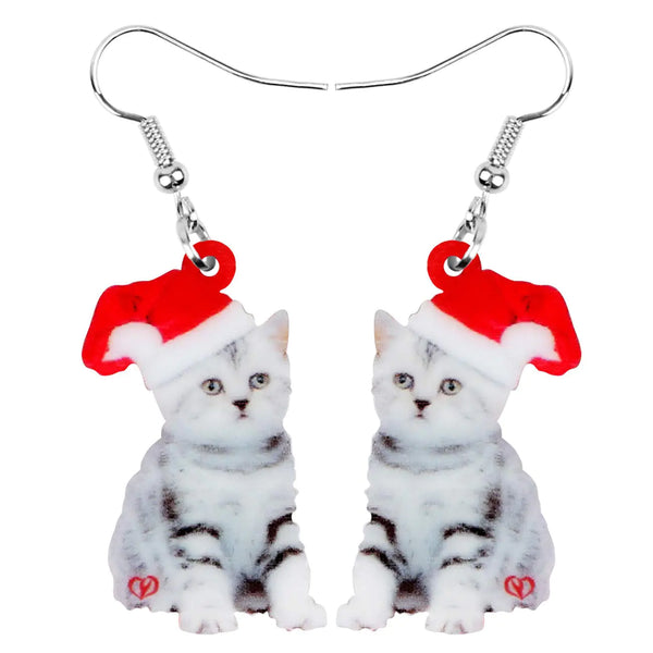 WEVENI Cute Acrylic Christmas Cat Earrings Dangle Drop Charm Pet Jewelry For Women Gift (Cat V)