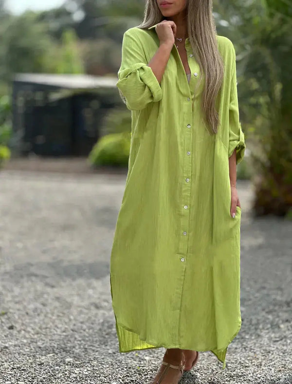 Deep V Cotton-Linen Dress, Long Sleeve Split Maxi Dress
