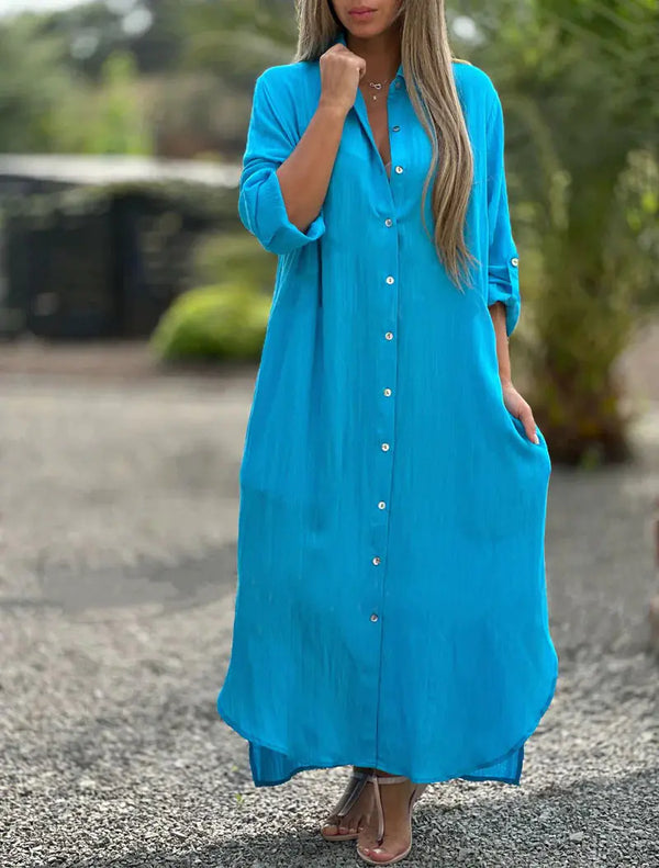 Deep V Cotton-Linen Dress, Long Sleeve Split Maxi Dress
