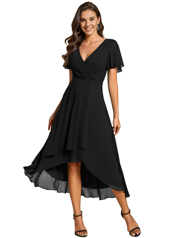 Ever-Pretty Womens Chiffon Formal Dresses V Neck Ruffle Sleeves Pleated High Low Summer Wedding Guest Dress Black US06